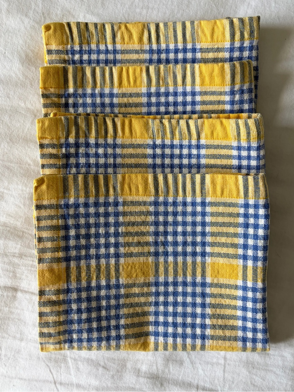 Dansk Set of 4 Cotton Gingham Plaid Check Napkins Yellow Blue White 16x12”